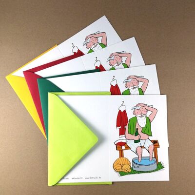4 funny Christmas cards with colored envelopes: After work with a foot bath