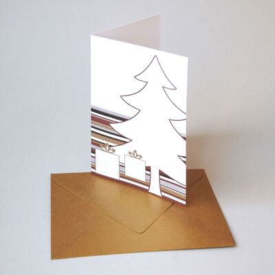 10 Tarjetas navideñas con sobres dorados: árbol con paquetes