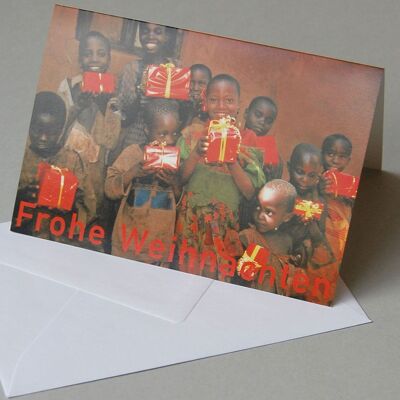 10 cartes de Noël caritatives avec enveloppe : enfants avec colis