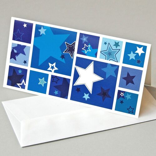 10er Set Weihnachtskarten mit Umschlägen: blaue und weiße Sternen