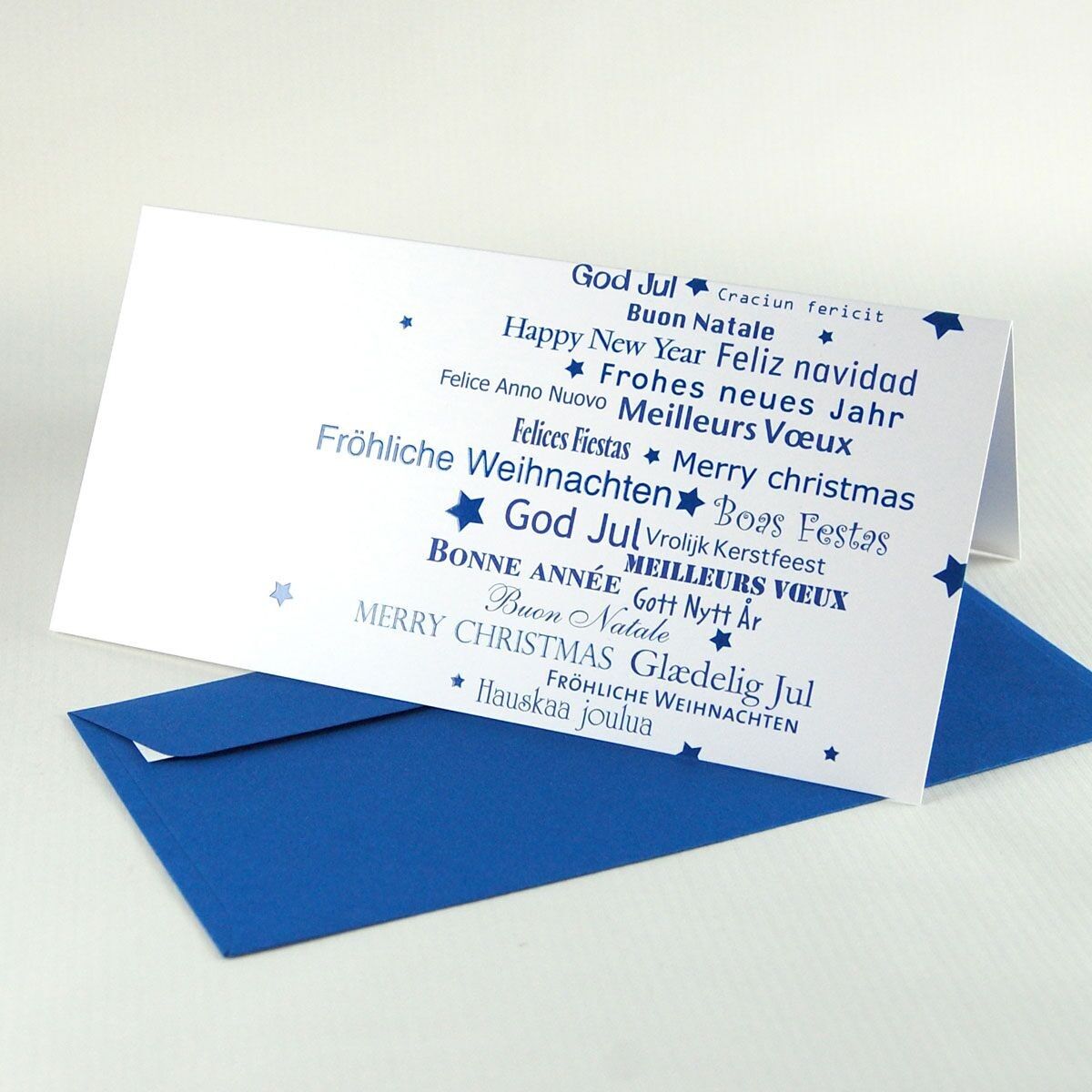 Set of 10 blue Christmas cards with envelopes: international wishes