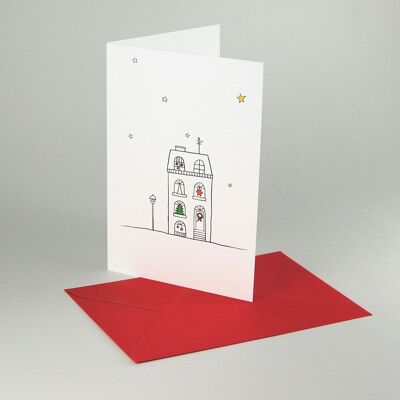 10 Christmas cards with red envelopes: Christmas house with lantern