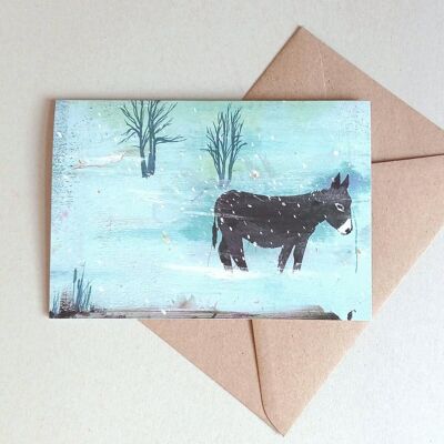 10 Christmas cards with envelopes: donkeys in the snow