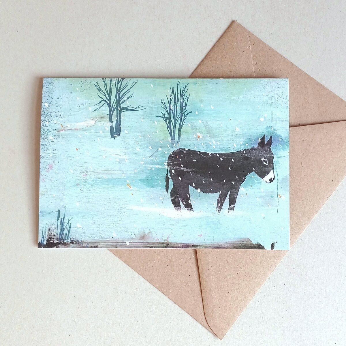 Set of 10 Christmas cards with envelopes: Donkey in the snow