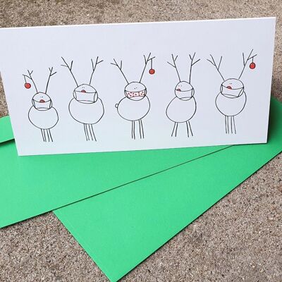 10 recycled Christmas cards with envelopes: Rudolf and friends with masks