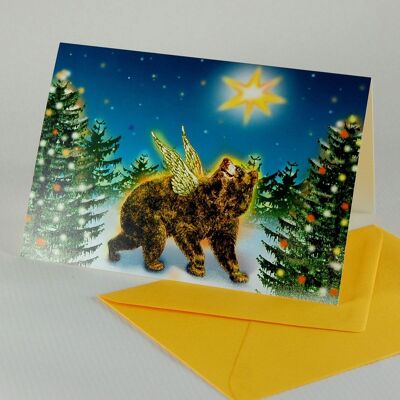 10 Christmas cards with envelopes: Winged bear in the forest