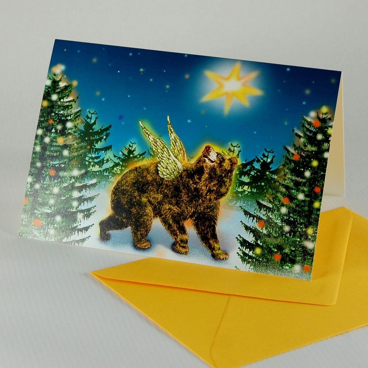 Set di 10 cartoline di Natale con busta: Orso alato nella foresta