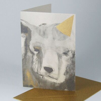 10 gray Christmas cards with gold envelopes: bear with cap