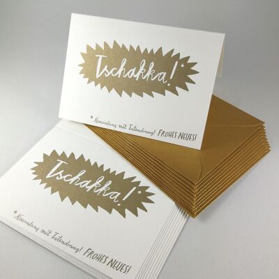 10 recycled cards with golden envelopes: Tschakka!