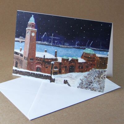 10 tarjetas navideñas de Hamburgo con sobres: Landungsbrücken en la nieve