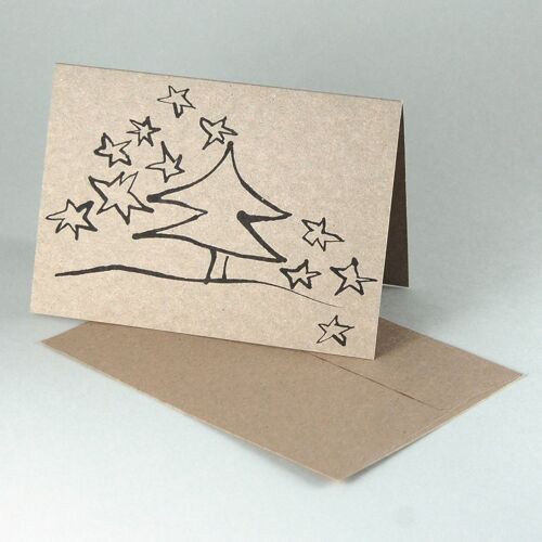 10 graue Recycling-Weihnachtskarten mit Umschlag: Baum mit Sternen