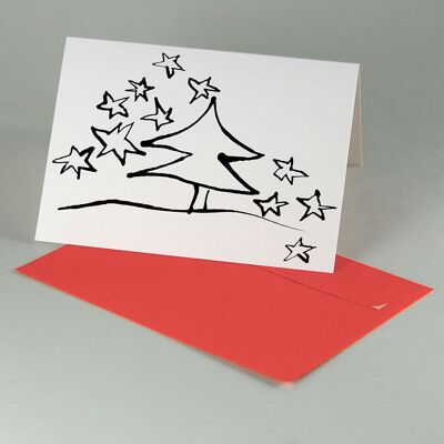 10 tarjetas navideñas con sobres rojos: árbol con estrellas