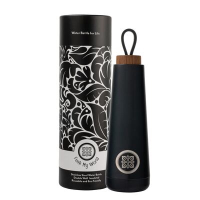 Funk My World Stainless Steel Water Bottle – 17Oz/500ml Double Walled Vacuum Insulated - Keeps Hot 12hrs and Cold 24 hrs Drinks - Rust Resistant, Leak-Proof, Acacia wood Lid with Handle Strap (Black)