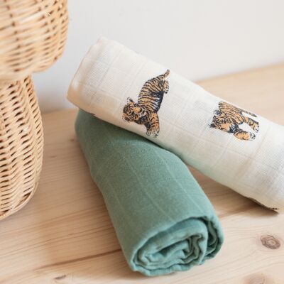 Set Of 2 Sage Tiger Swaddles - GASPARD