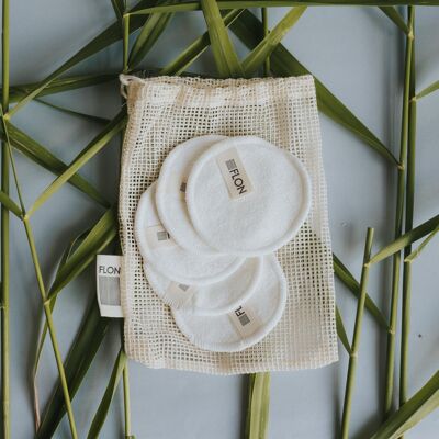 Tampons démaquillants en bambou réutilisables X12 + sac à linge en maille + sac de rangement