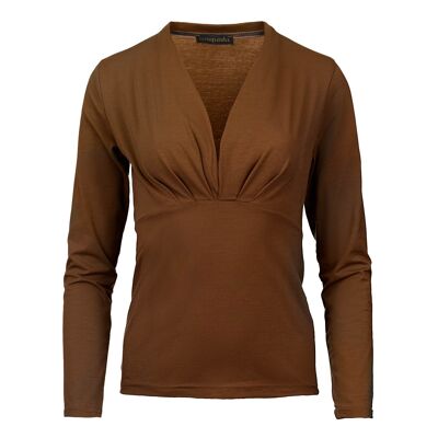 Long Sleeve Chocolate Faux Wrap Top in Stretch Jersey Sustainable Fabric