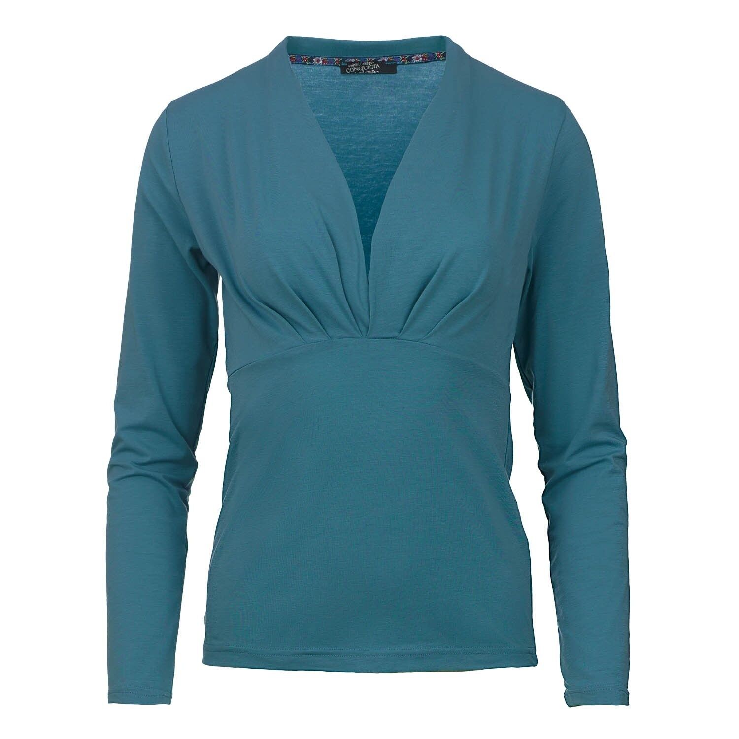 Dusty Green Long Sleeve Faux Wrap Top in Stretch Jersey Sustainable Fabric