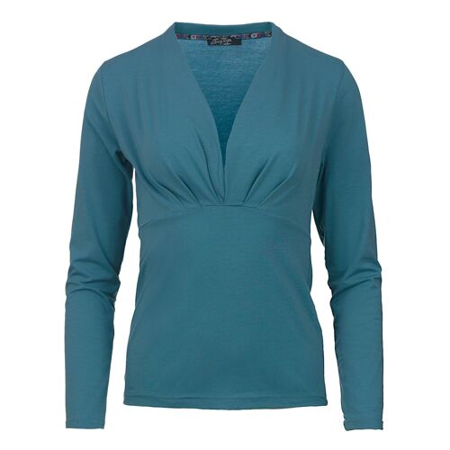 Dusty Green Long Sleeve Faux Wrap Top in Stretch Jersey Sustainable Fabric