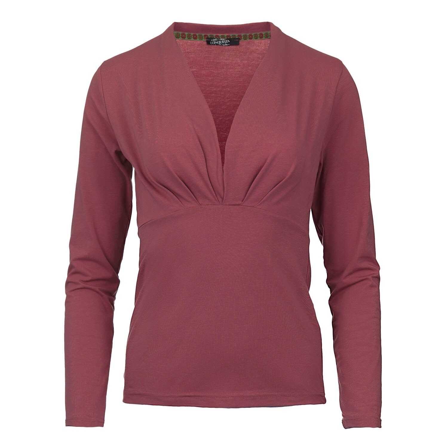 Top cruzado sintético de manga larga color salmón en tejido sostenible de jersey elástico