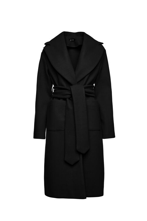 Long Black Faux Mouflon Coat with Belt
