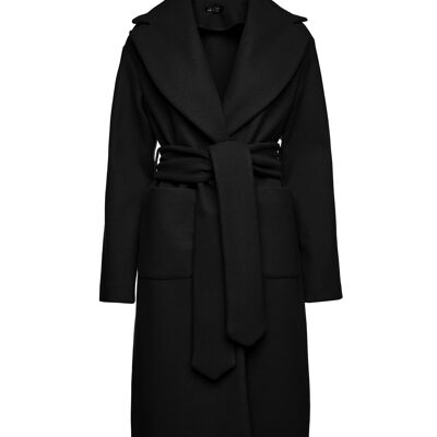 Abrigo largo negro de imitación muflón con cinturón