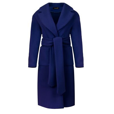 Cappotto lungo in finto muflone blu elettrico con cintura