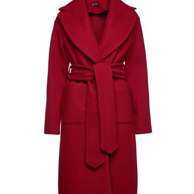 Manteau long en faux mouflon rouge foncé avec ceinture