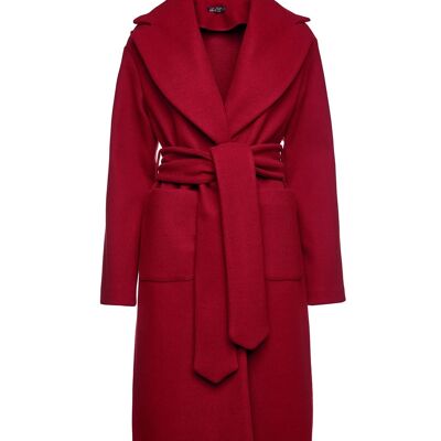 Cappotto lungo in finto muflone rosso scuro con cintura