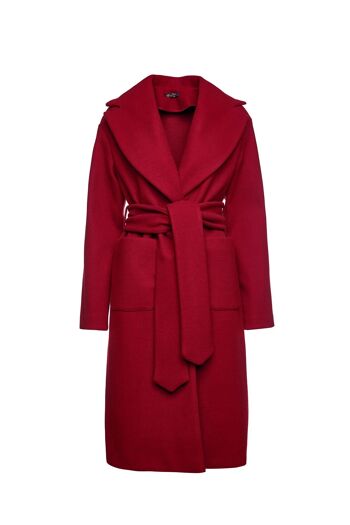 Manteau long en faux mouflon rouge foncé avec ceinture 1