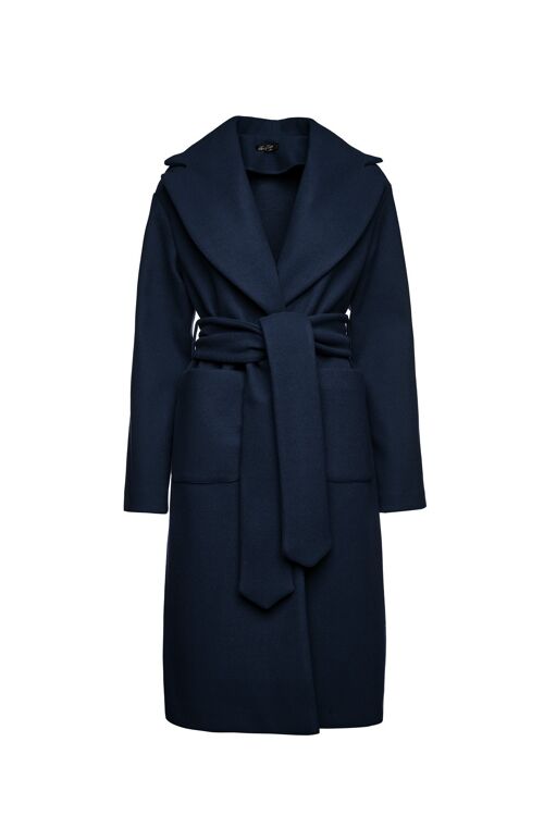 Long Navy Blue Faux Mouflon Coat with Belt