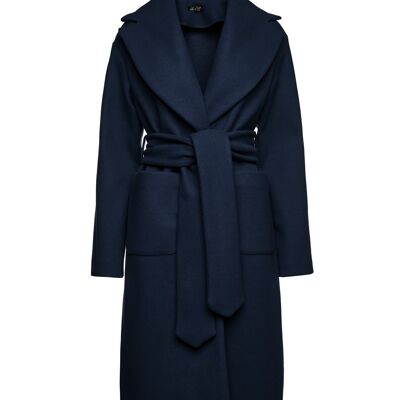 Manteau long en faux mouflon bleu marine avec ceinture