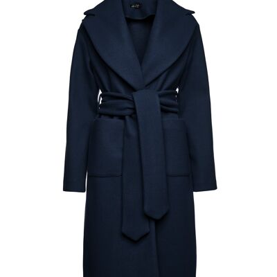 Long Navy Blue Faux Mouflon Coat with Belt