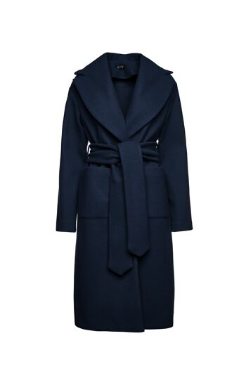 Manteau long en faux mouflon bleu marine avec ceinture 4