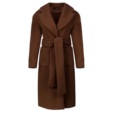Manteau long en faux mouflon chocolat avec ceinture