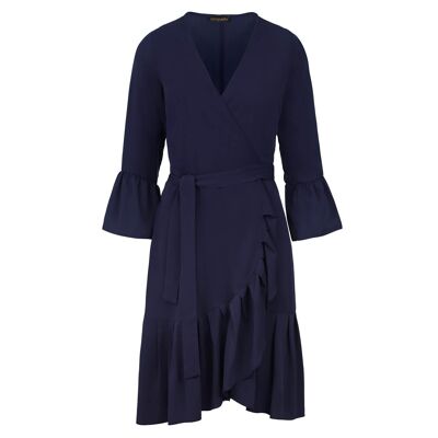 Navy Blue Wrap Dress Viscose with bell sleeves.