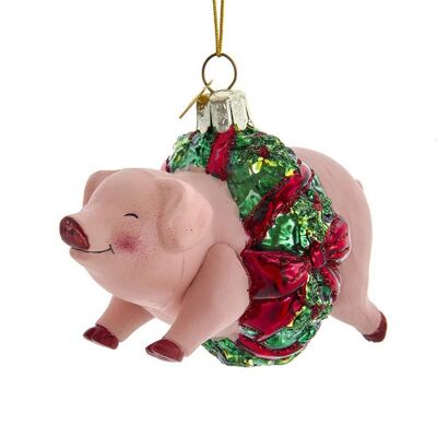 Pig in Wreath Glass Ornament