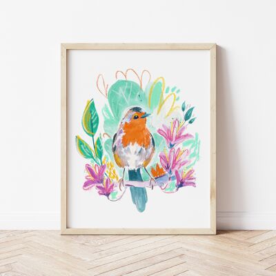 Cute Robin bird on a Cherry Branch Digital Print, A4