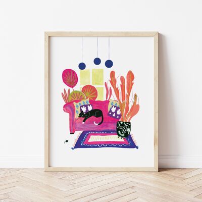 Cat on a Sofa, Pink Digital Print, A4