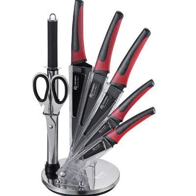 420 - Edënbërg Red Line 8 teiliges Messer-Set auf einem drehbaren Ständer - Luxus Messer-Set - Aus rostfreiem Edelstahl