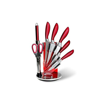 421 - Edënbërg Red Line 8 teiliges Messer-Set auf einem drehbaren Ständer - Luxus Messer-Set - Aus rostfreiem Edelstahl