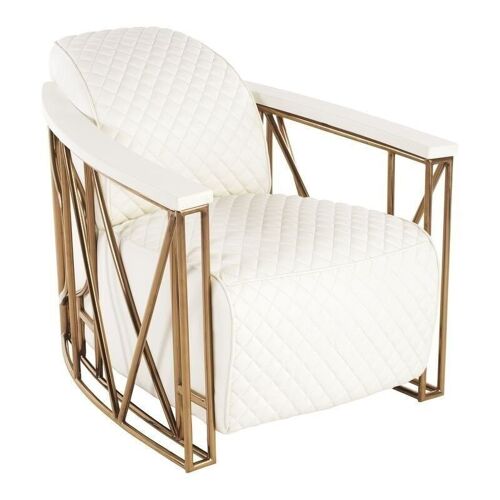 Fauteuil en cuir blanc
 matelassé+structur inox
 cuivré 95x70x73cm ennio