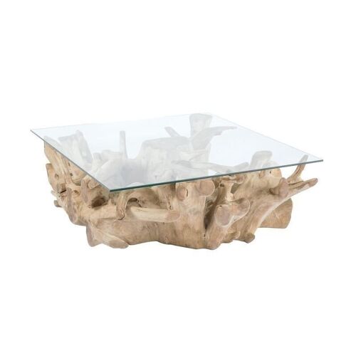 Table basse en racine
 de teck massif/plateau
 verre105x105xh40sarannah