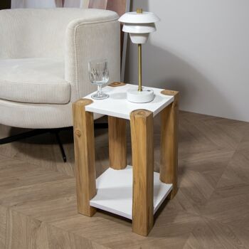 Table d'appoint bois
 blanc et pieds en teck
 30x30xh45cm kendari 2