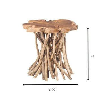 Table d'appoint teck
 pied en branches du bois
 50x50xh45cm pandawa 5