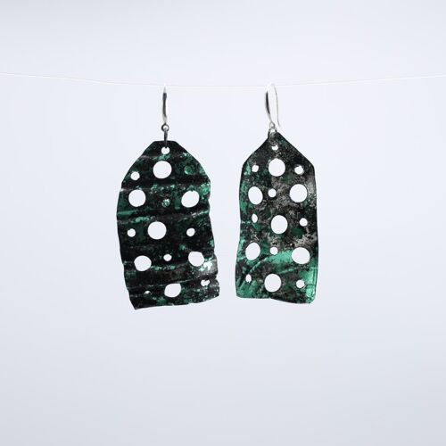 Aqua Big Lotus Roots style 2 Earrings - Hand gilded - Green and Black