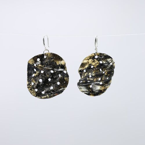 Aqua Big Lotus Roots Earrings - Hand gilded - Gold and Black paint