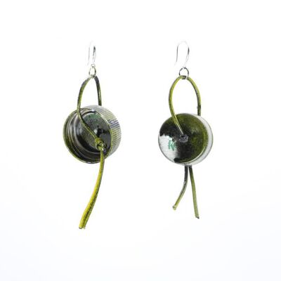 Water Lily of Bottle Caps Tree Earrings - Hand-painted -  Black with Yellow and Green