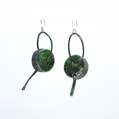 Water Lily of Bottle Caps Tree Earrings - Hand-painted - Black/Green