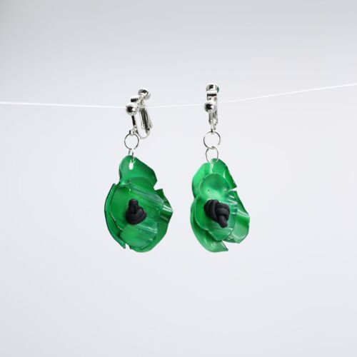 Clip on Hanging Poppy Flower Earrings - Hand painted - Green