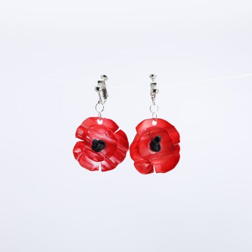 Clip on Hanging Poppy Flower Earrings - Hand painted - Red